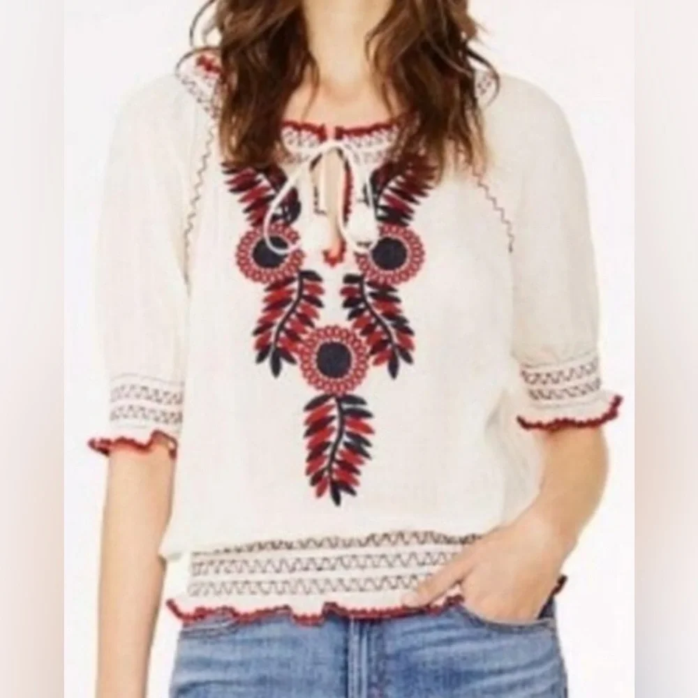 Tory Burch Blouse Mari Top Off/On Shoulder Floral Boho Peasant Sz XS EUC